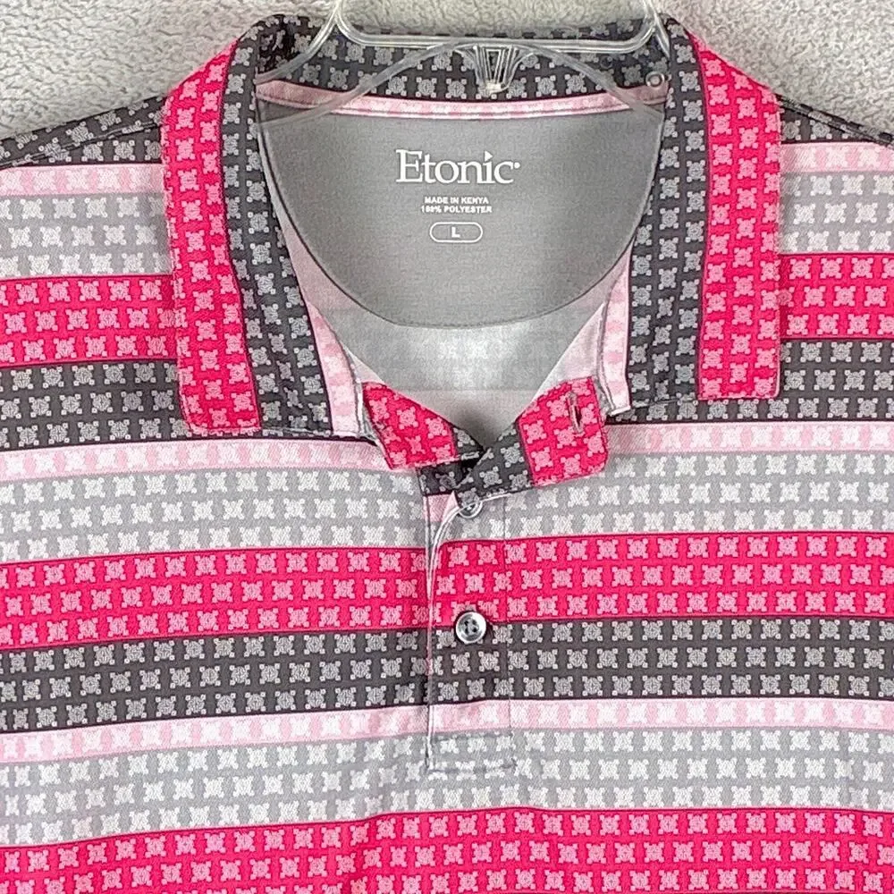 Etonic Polo Shirt Mens L Pink Gray Striped Geometric Performance Golf Preppy